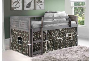Donco Antique Grey Louver Twin Low Loft Bed with 3 Drawer Chest, 2 Drawer Chest/Shelves, and Bookcase