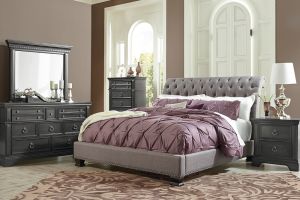 Standard Garrison Upholstered 6 Piece Set (Headboard, Footboard, Rails, Dresser, Mirror, and Nightstand)