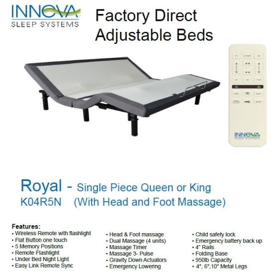 Innova Royal King 1 Piece Adjustable Bed, Split King Adjustable Bed Frame With Massage Chair